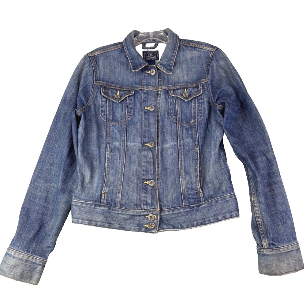 Lucky Brand M Blue Denim Trucker Jacket Stretch Pockets Americana Classic Retro